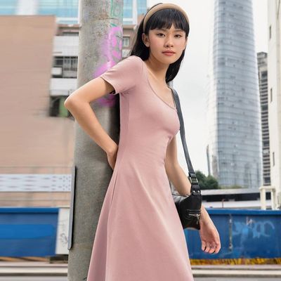Fashion Street Photo Slim Solid Color U - neck Short - sleeved Dress