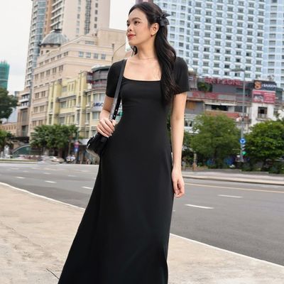Fashion Street Photo Slim Solid Color U - neck Short - sleeved Dress