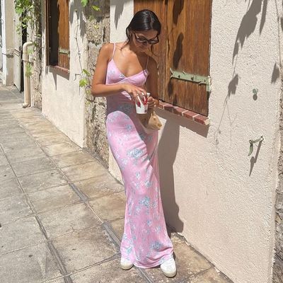 Summer New V-Neck Sexy Backless Digital Print Mid-Length Halter Dress