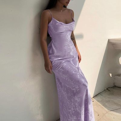 Women's Summer New Sexy Line-neck French Style Satin Backless Long Halter Dress