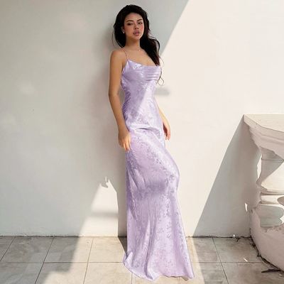 Women's Summer New Sexy Line-neck French Style Satin Backless Long Halter Dress