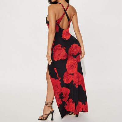 Women'S Fashion Print Long Skirt Sexy Split Halter Dress