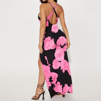 Women'S Fashion Print Long Skirt Sexy Split Halter Dress