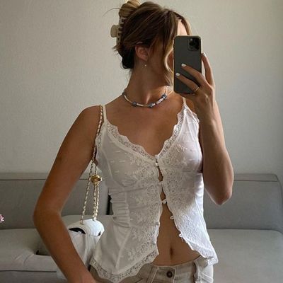 Women's style American Spice Girl lace lace sexy V-neck cardigan buckle halter small vest top