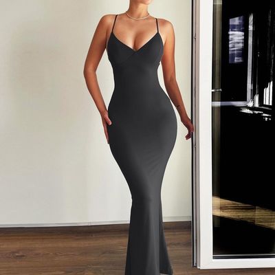 New solid color fishtail skirt sexy halter dress
