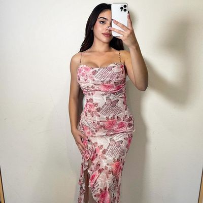New floral print ruffled high slit halter fashion dress