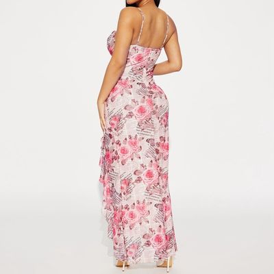 New floral print ruffled high slit halter fashion dress