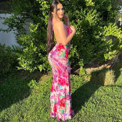 Summer new sexy lace up halter skirt fashion print dress