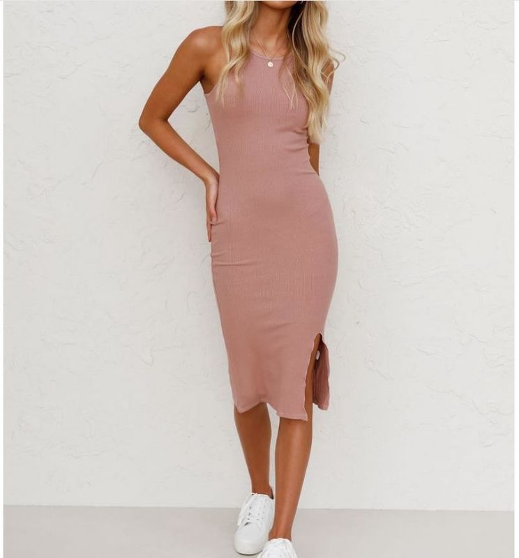 Long Slim Knitted Dress Solid Color Vest Slim Long Knit Dress With Slit