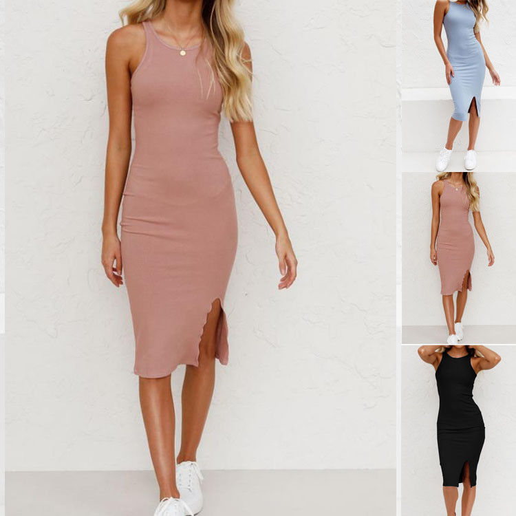 Slim Fit Package Hip Dress Solid Color Vest  Long Knit Bag Hip Slit Dress