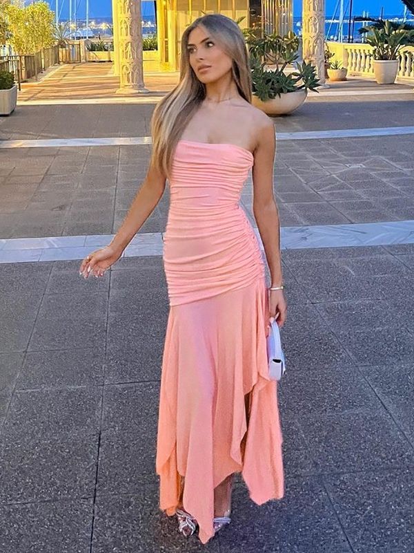 Solid Color Wrap Chest Dress Layered Sexy Pleated Dress Irregular Double Layer Dress