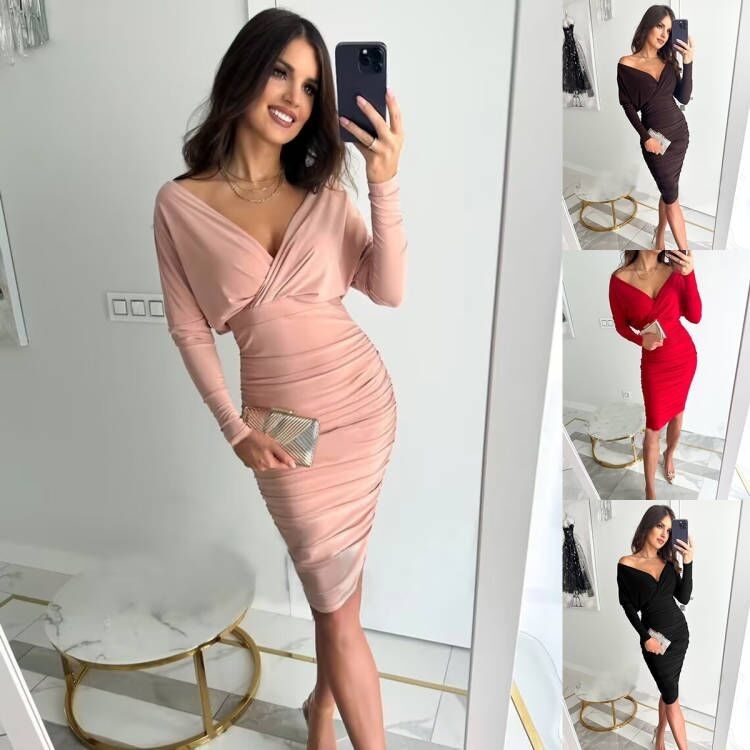 Fashionable Package Hip Dress Long Sleeve V Neck Sexy Waist Fold Hip Wrap Dress