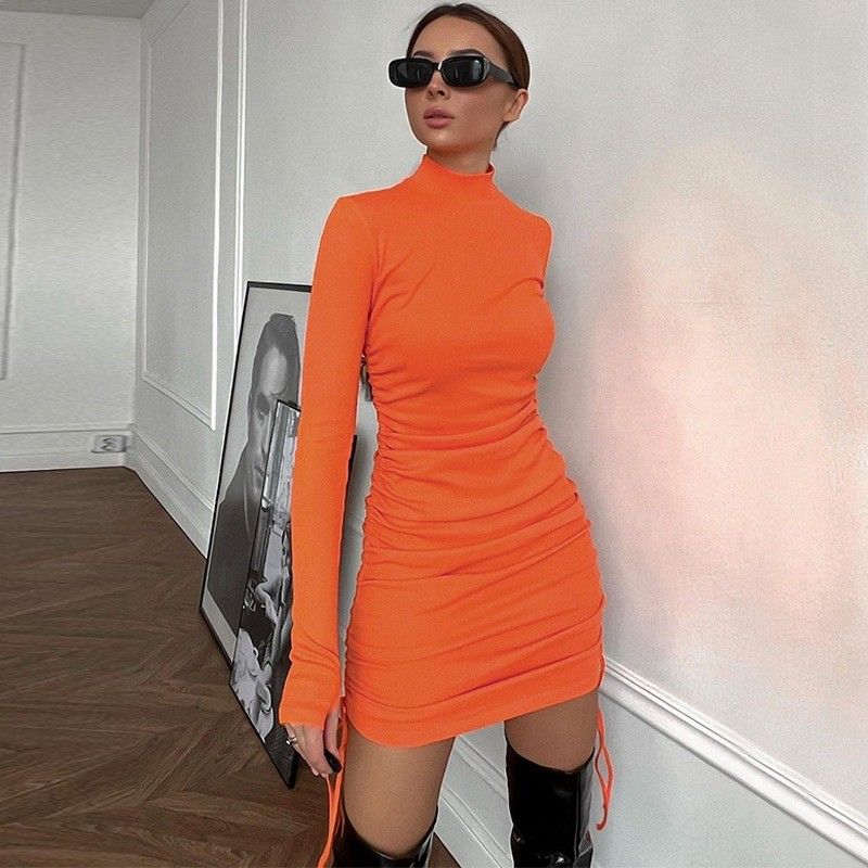 Fashion Slim Side Long Sleeve Drawstring Dress Solid Color Sexy Pleated Dress