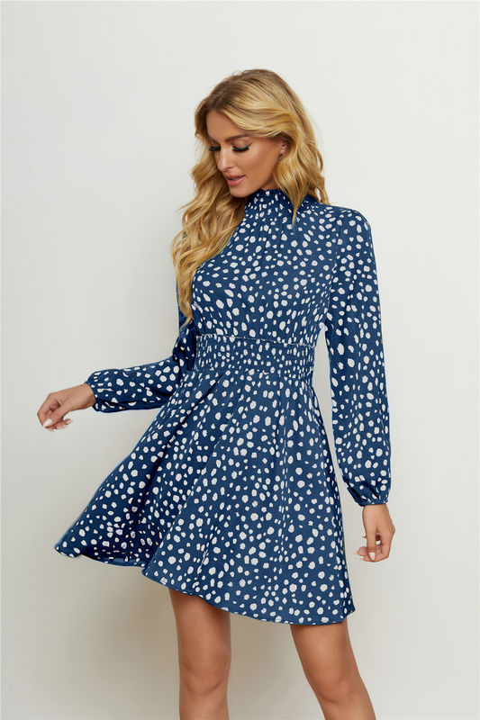 Round High Neck Floral Print Frock Fashion Women Lantern Long Sleeve Floral Gown