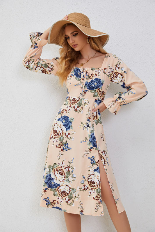Elegant Ruffled Floral Frocks For Women Multi Color Fashion Print Dress Flared Sleeves
