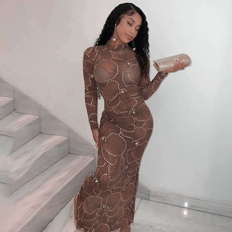 High Waist Slim Body Formal Dress Fashion Gauze See Through Evening Dress Slim Fit