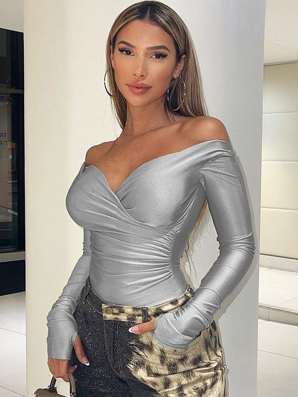 Comfortable Slim Fit V Neck T Shirt Sexy Shawl Pleated Sexy Thin Shirt Tight Long Sleeve