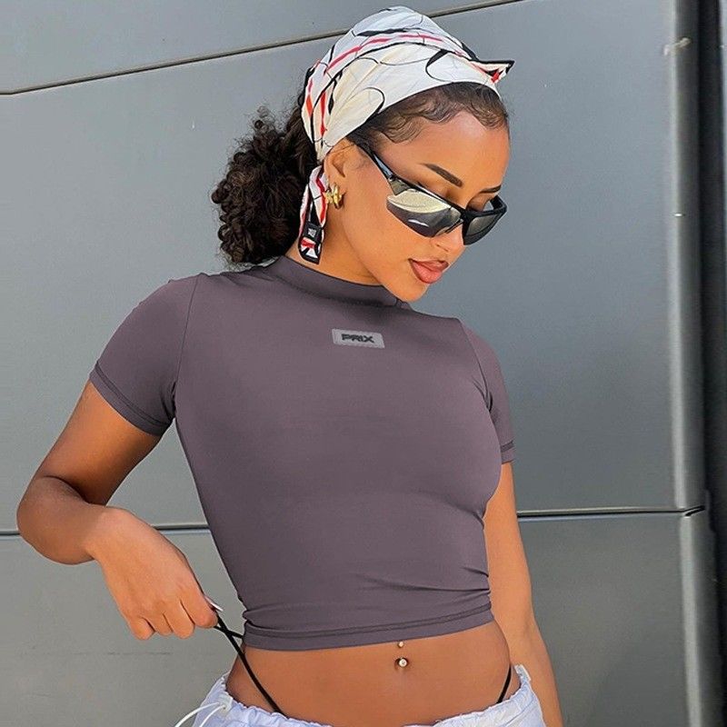 Fashion Casual Sexy Tight T Shirts Short Slim Fit Round Neck Crop Top