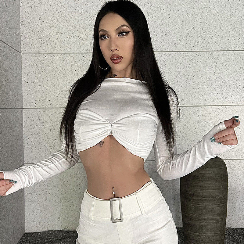 One Line Neck Sexy Tight Shirts Long Sleeve Solid Color White Pleated T Shirt