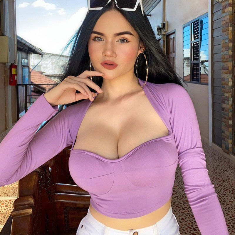 V Neck Sexy Tight T Shirts Slim Fit Sexy Tight Crop Tops Long Sleeves Neck Short