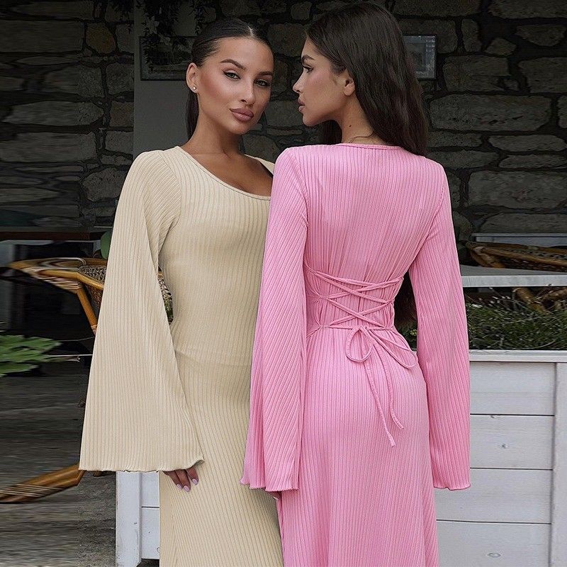 Stylish Long Sleeve Slim Dress U Neck Back Lace Up Solid Color Long Sleeve Dresses