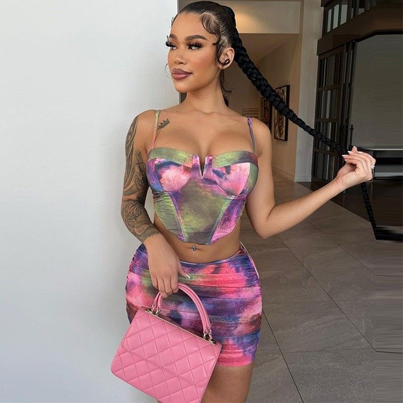 Fashion Crop Top Short Skirt Set Print Halter Slim Fit 2 Piece Short Skirt Set