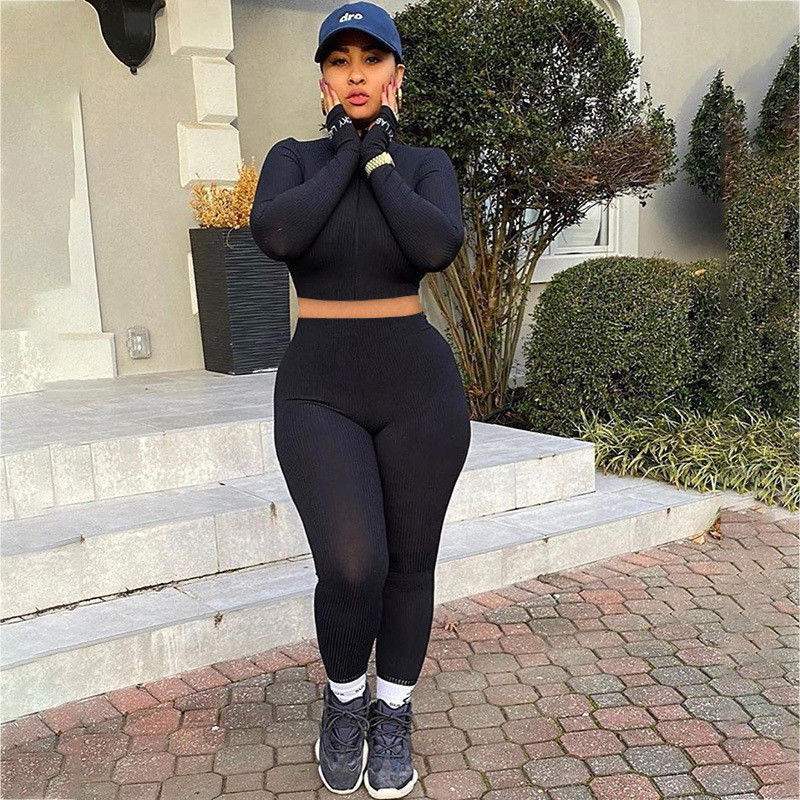 Zipper Two Piece Sport Set High Neck Slit Embroidery Letter Sexy Gym Wear