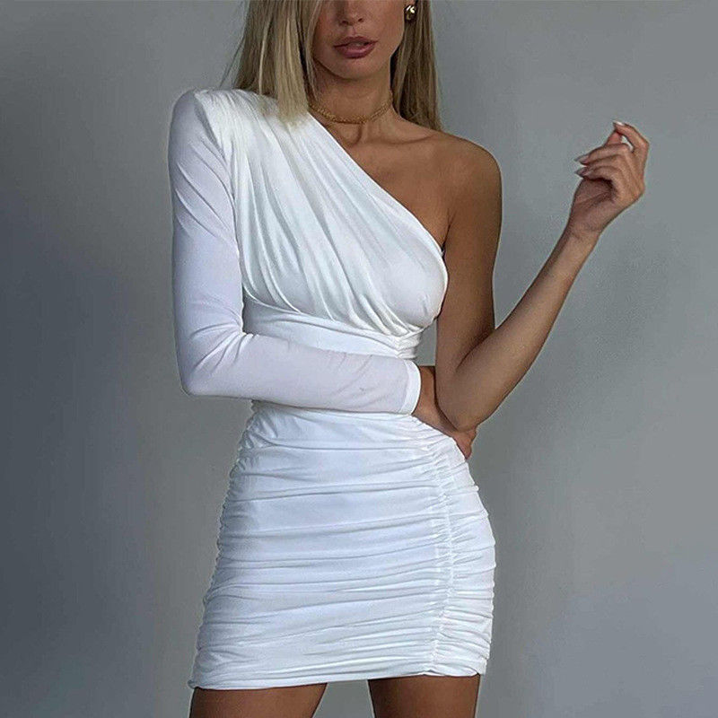 Fashion One Shoulder Tube Dress Slim Pleated One Shoulder Dress Long Sleeve Hip Wrap