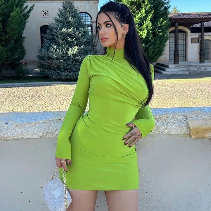 Elegant Slim Knitted Dress Solid Color Pleated Slim Fit Bag Hip Dress Skirt Round Neck
