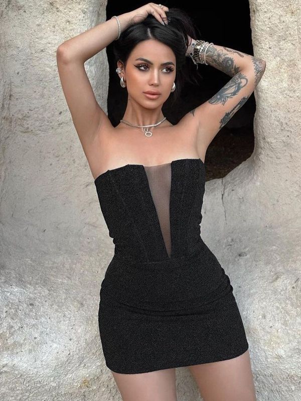 Fashion Package Hip Dress Mercerized Chest Hollowed Out Slim Bag Hip Sexy Nightclub Dress