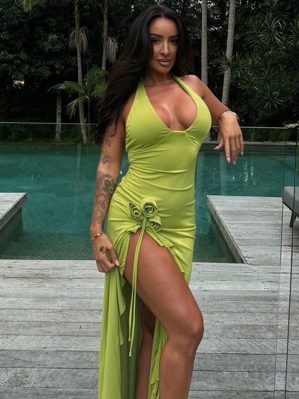 Custom Spring And Summer New Fashion Sexy Solid Color Slim High Waist V-neck Halter Dress Woman