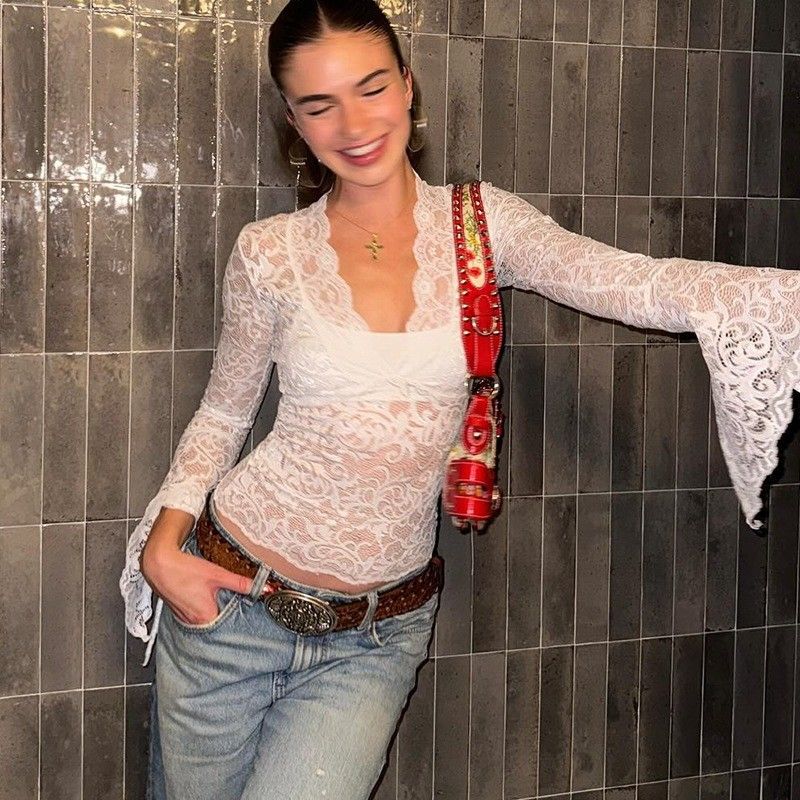 New Sexy Deep V Slim-fit Everything Short Crop Custom Lace Long Sleeve Spice Girl Style Lace Top