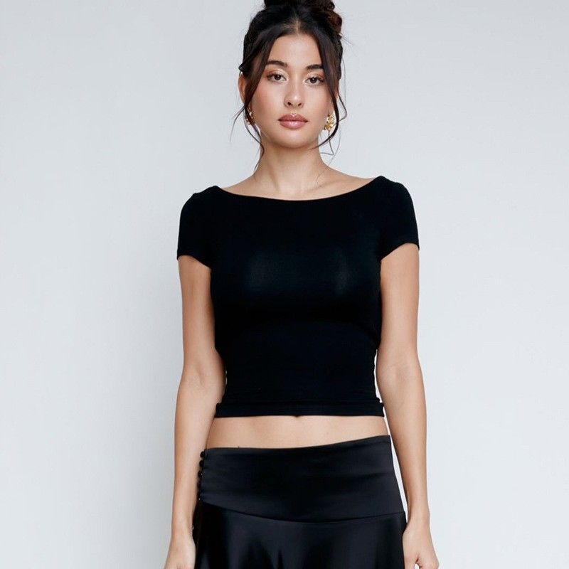 Hot Slim Sexy Backless Short Crop Street-Style Short-Sleeved T-Shirt Woman