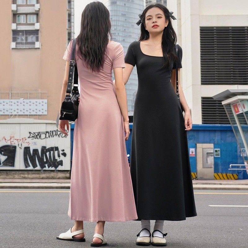 Fashion Street Photo Slim Solid Color U - neck Short - sleeved Dress