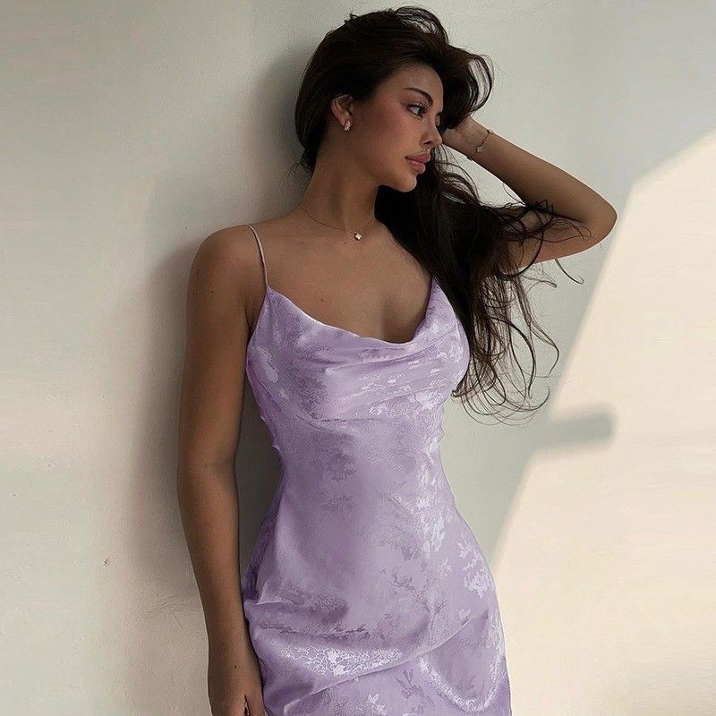Women's Summer New Sexy Line-neck French Style Satin Backless Long Halter Dress